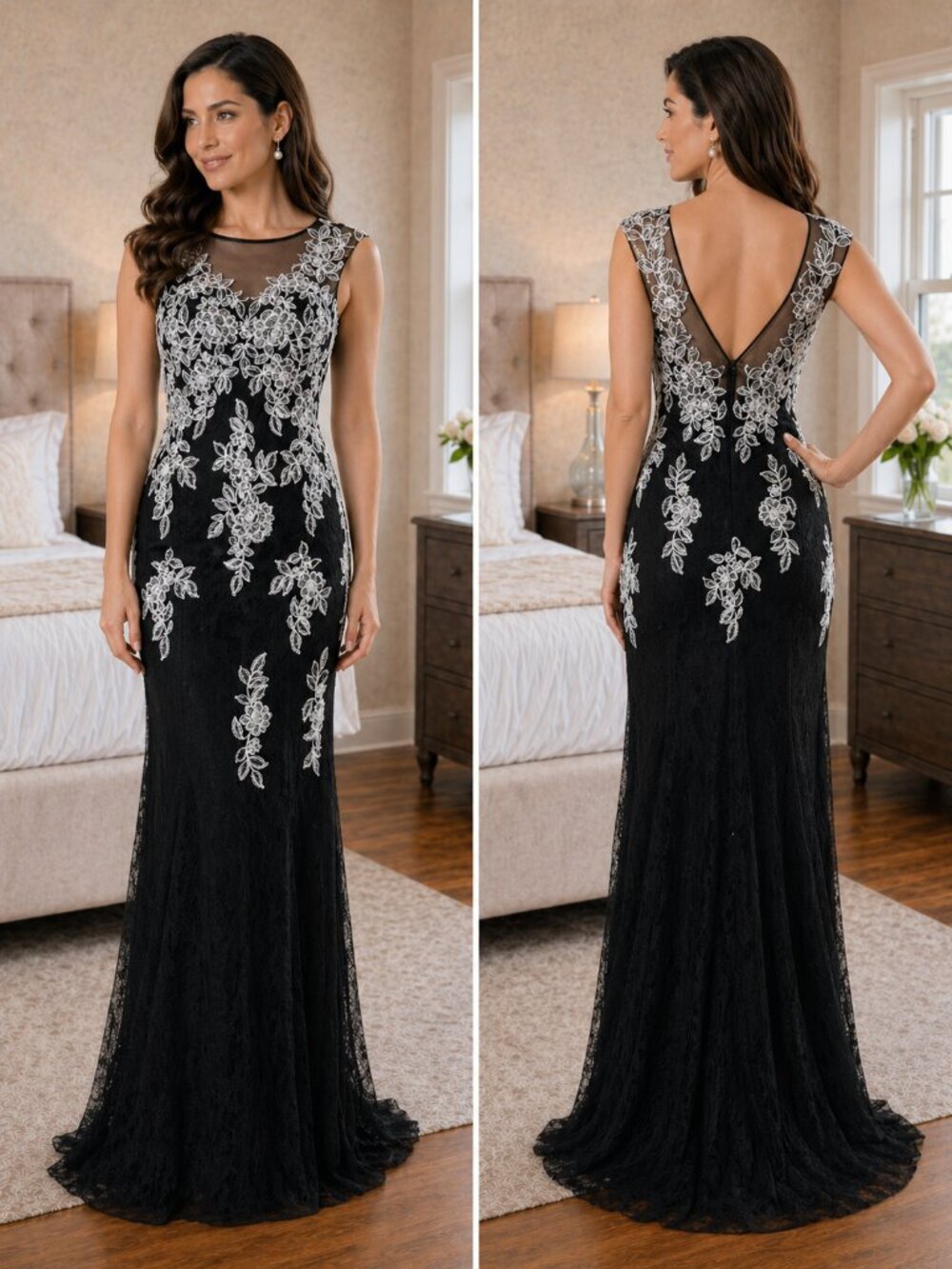 JVN by Jovani Black Lace White Embroidered Formal Gown $595